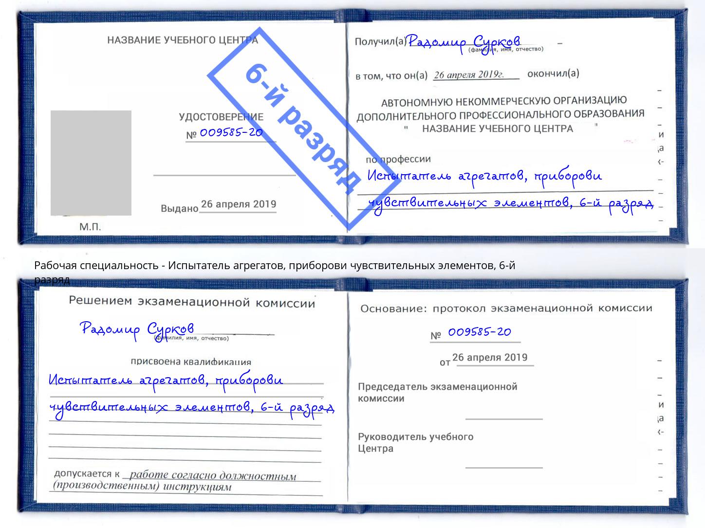 корочка 6-й разряд Испытатель агрегатов, приборови чувствительных элементов Волжск
