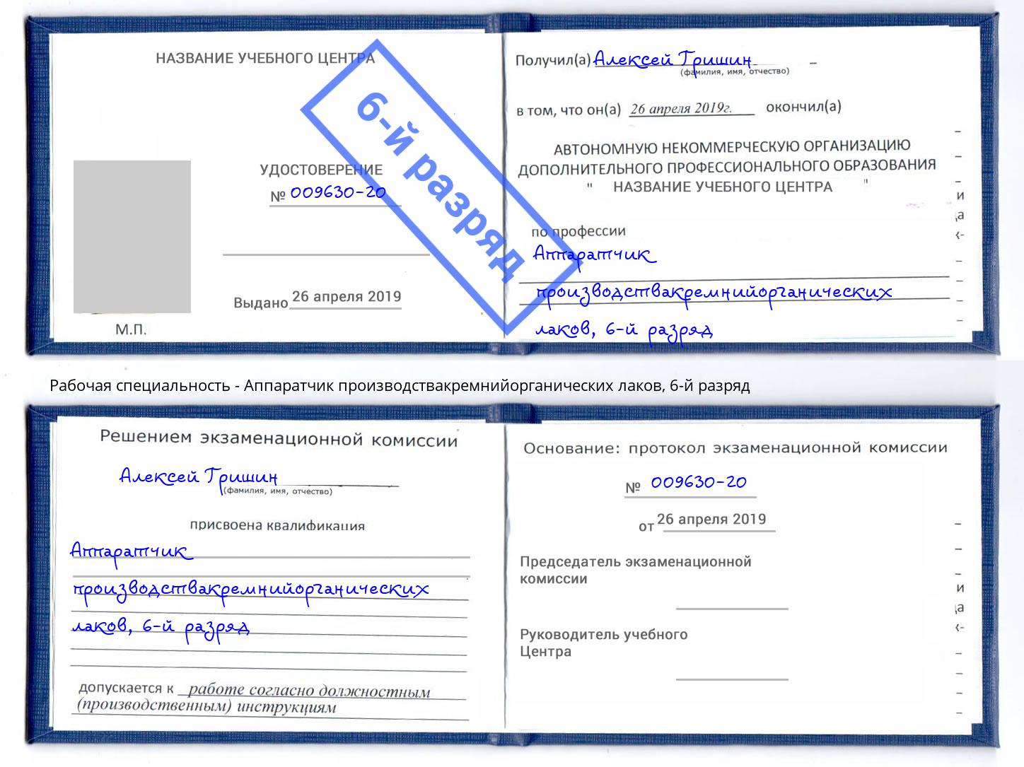 корочка 6-й разряд Аппаратчик производствакремнийорганических лаков Волжск